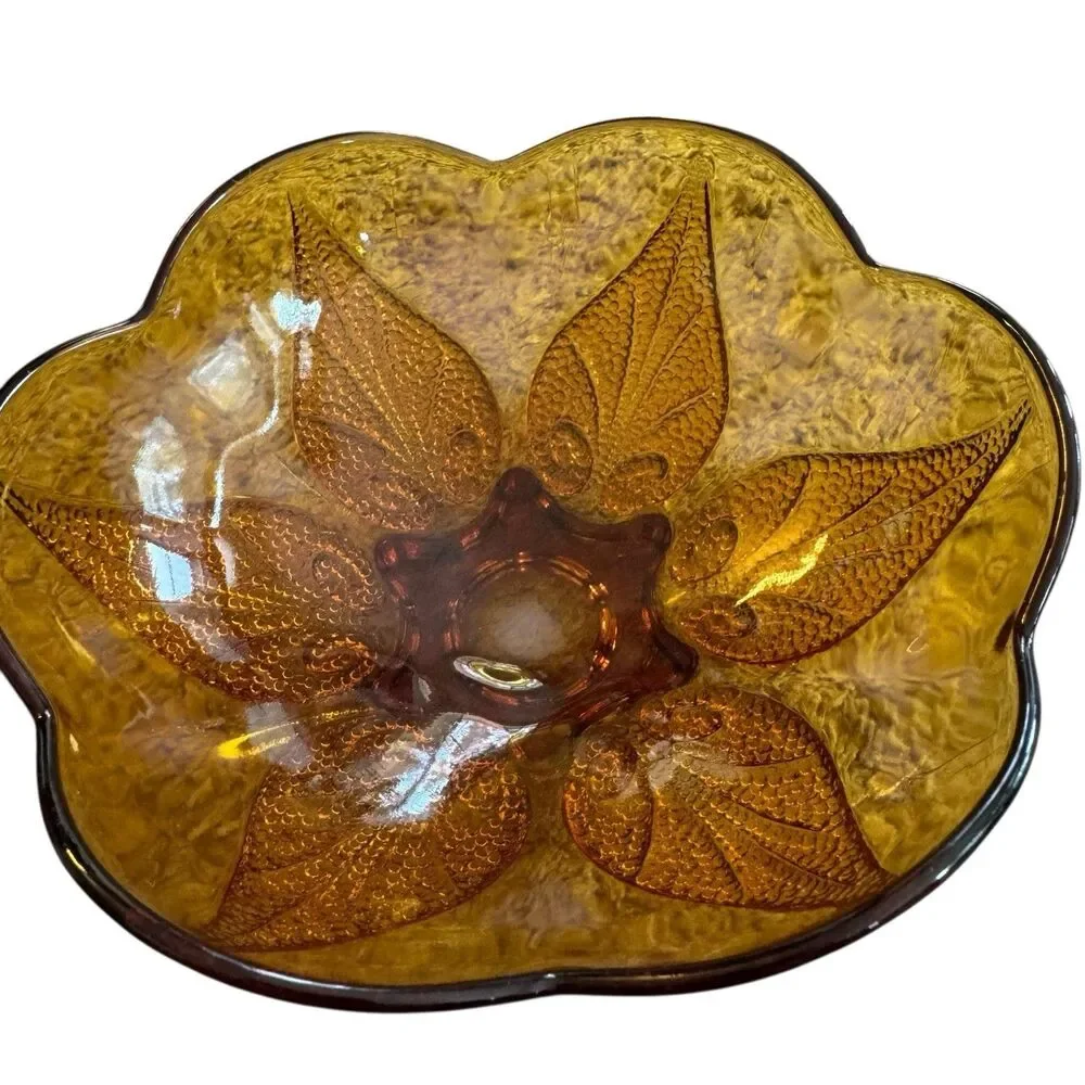 Anchor Hocking Dish Bowl Amber Glass Renaissance Flower Pattern Beaded 6.5
